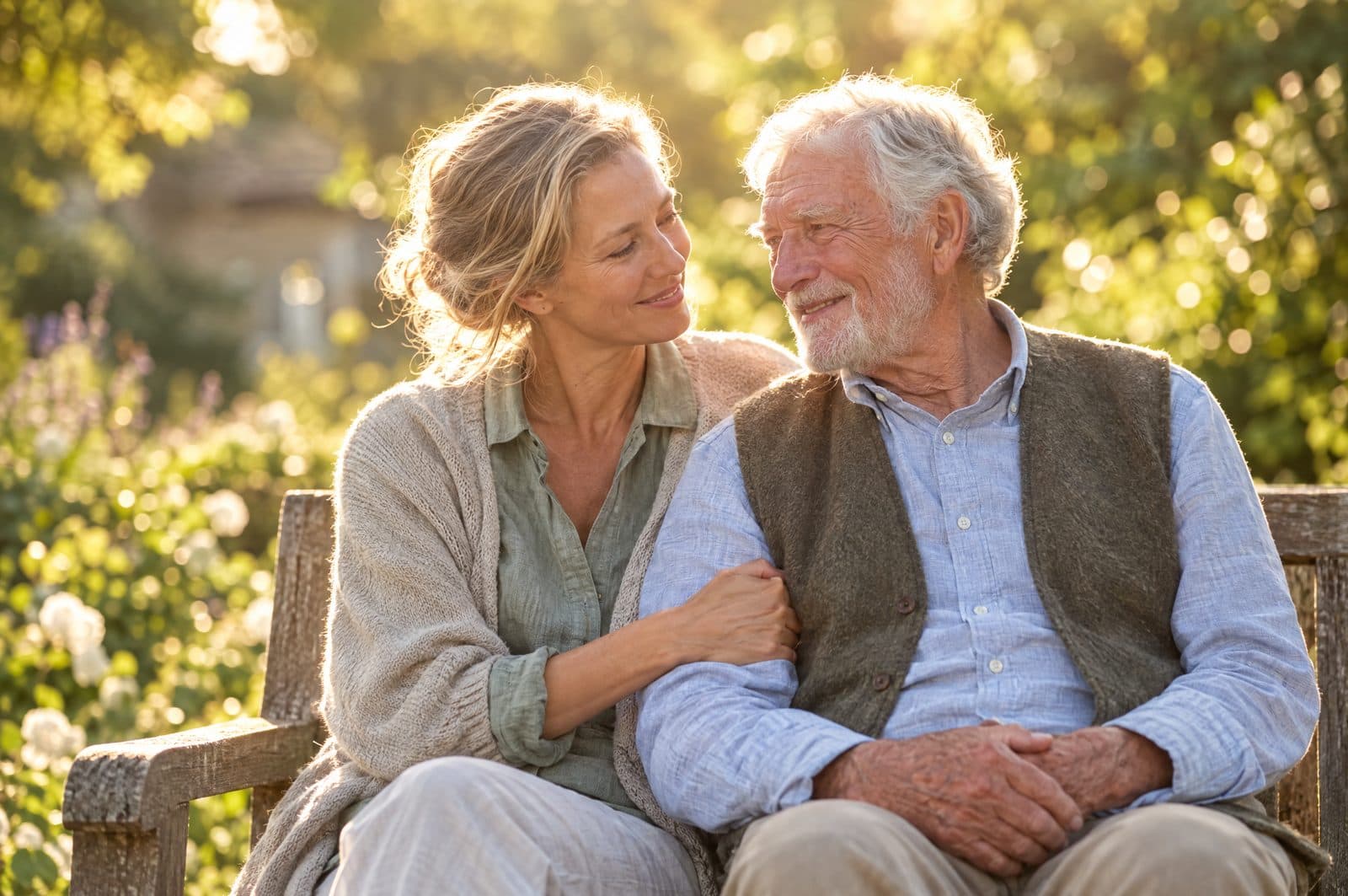 A daughter and her elderly father sitting together on a garden bench