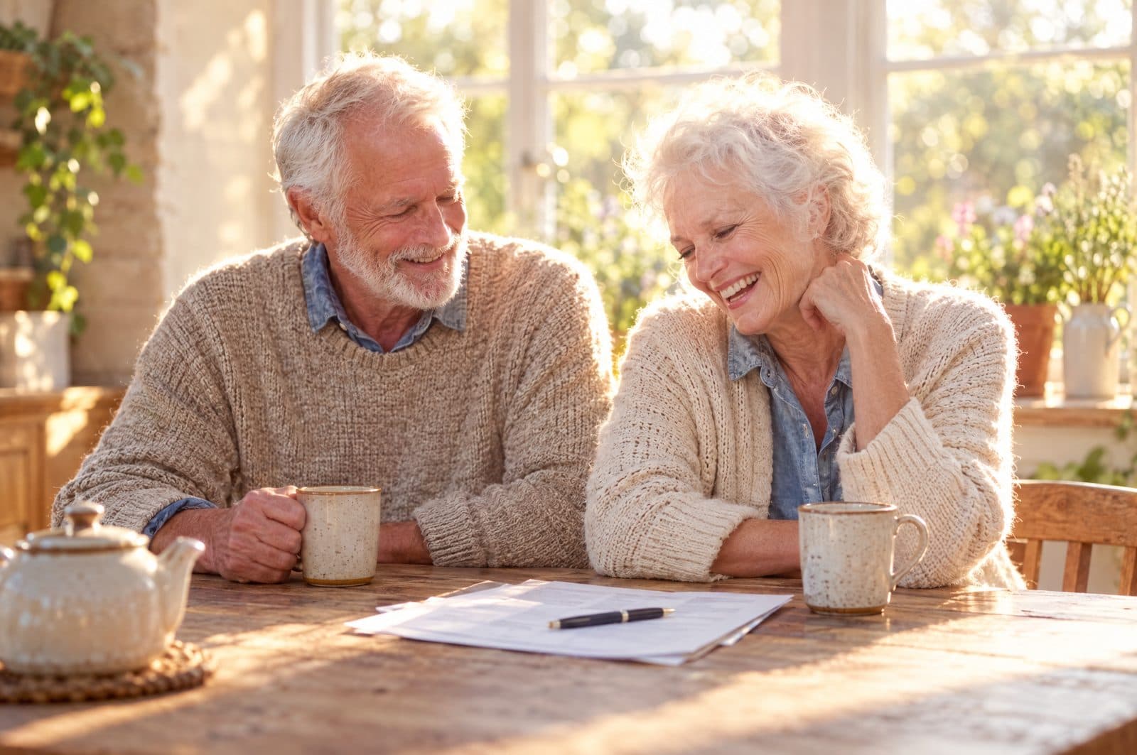 A smiling older couple at their kitchen table with tea and paperwork