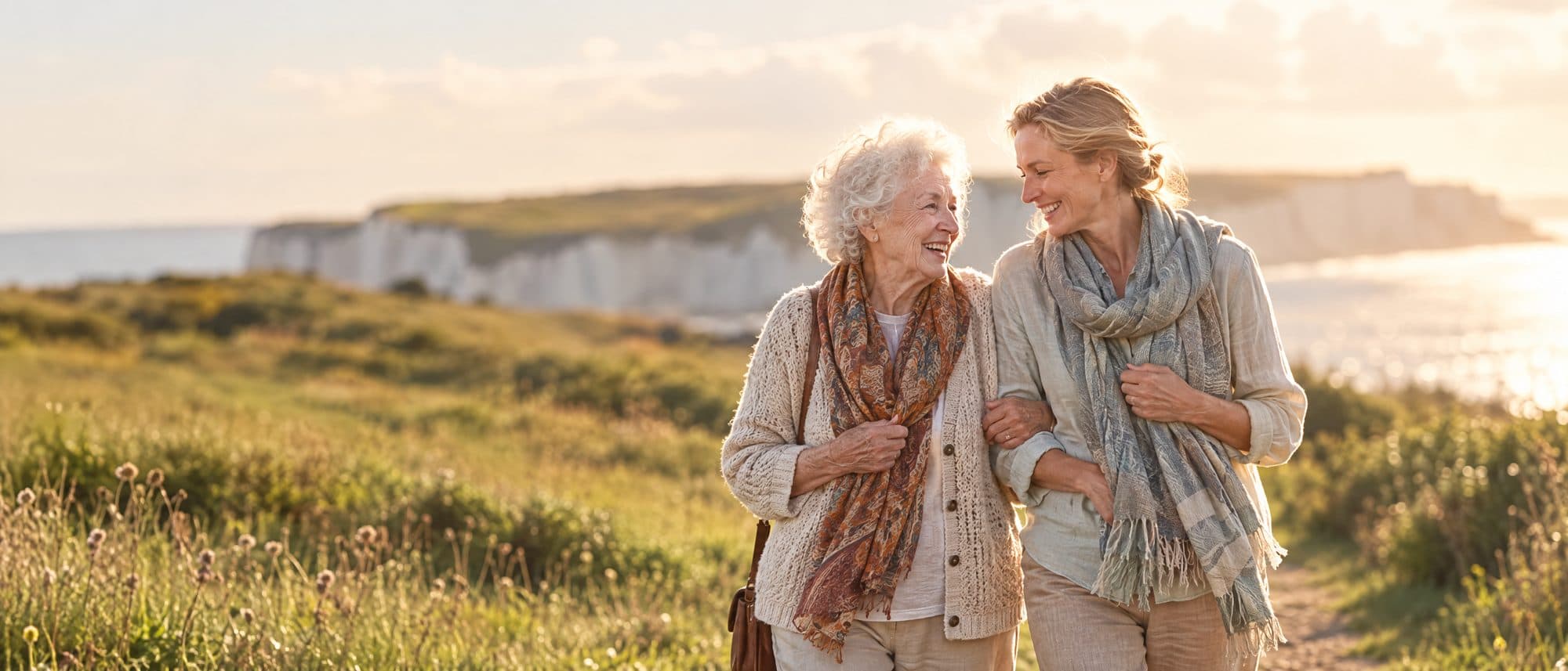 An elderly mother walking arm in arm with her daughter on a coastal path
