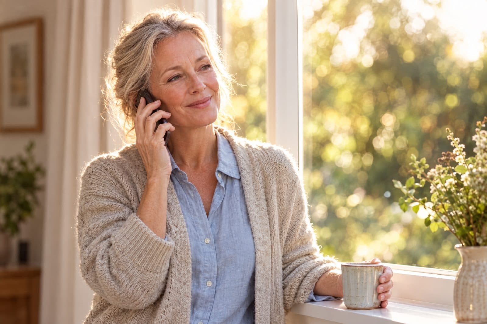 A woman smiling as she talks on the phone by a sunny window