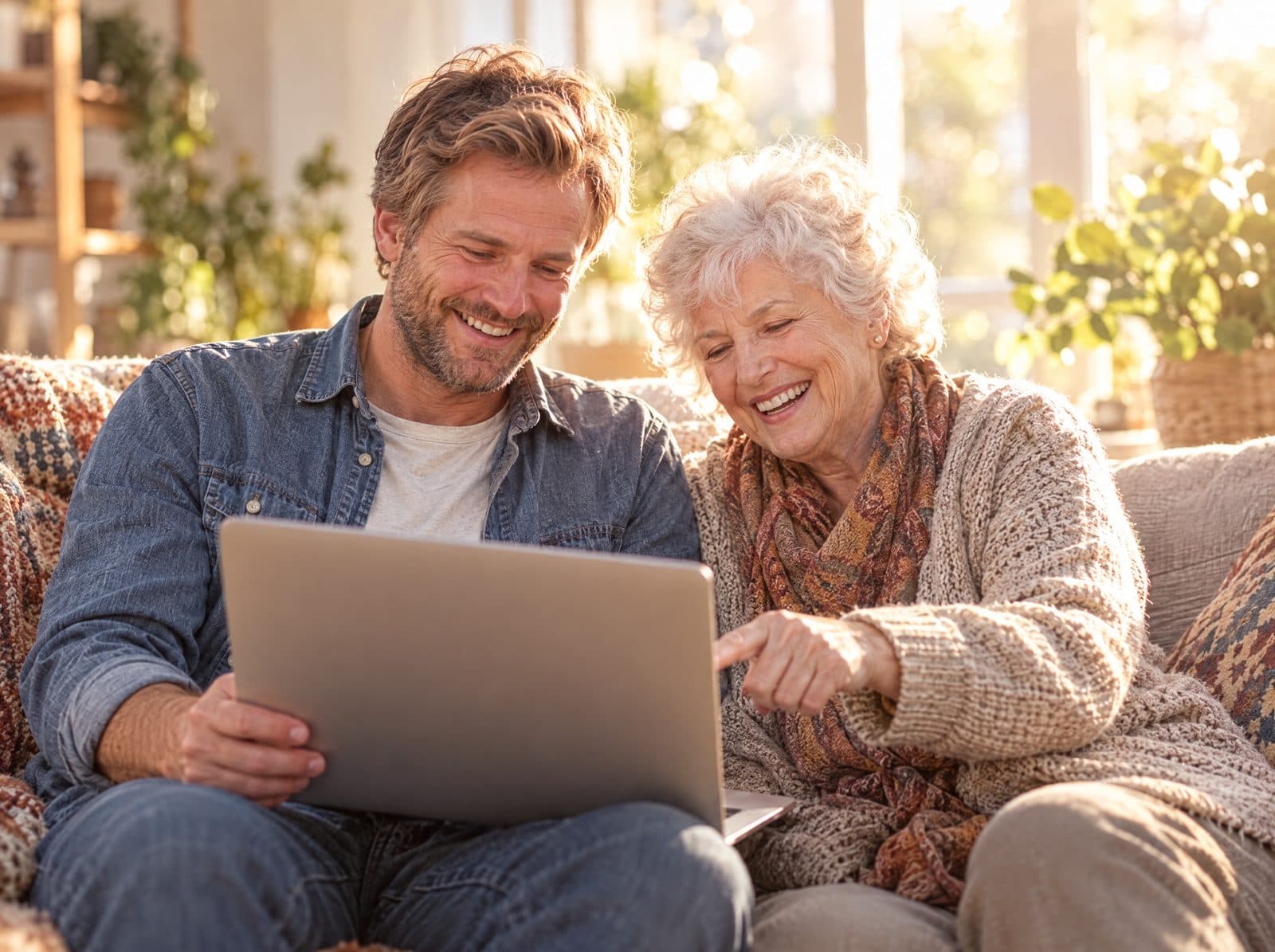 A son helping his mother fill in a form on a laptop